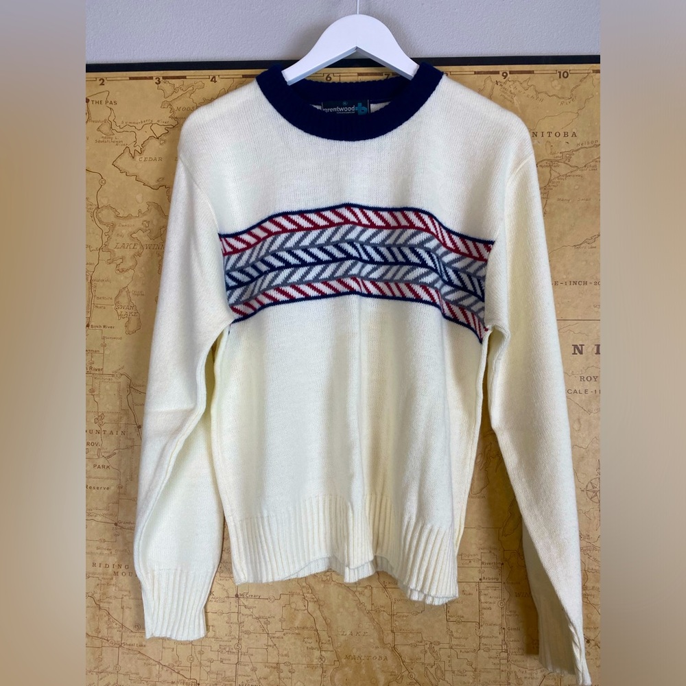 Vintage Brentwood Sportswear Pullover Sweater Ivory/Blue/Grey/Red Men’s XL